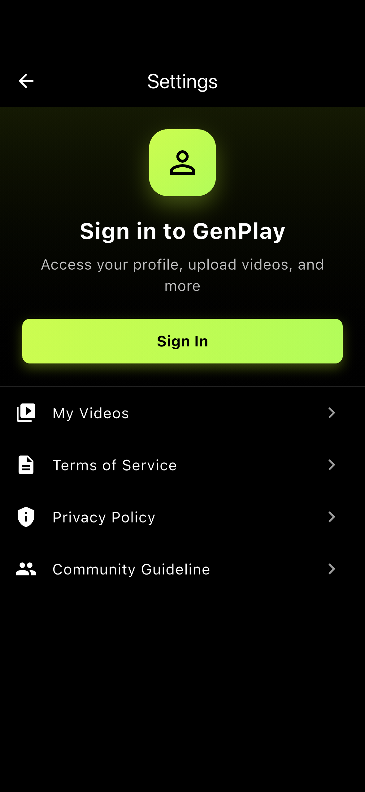GenPlay app — sign in and settings screen