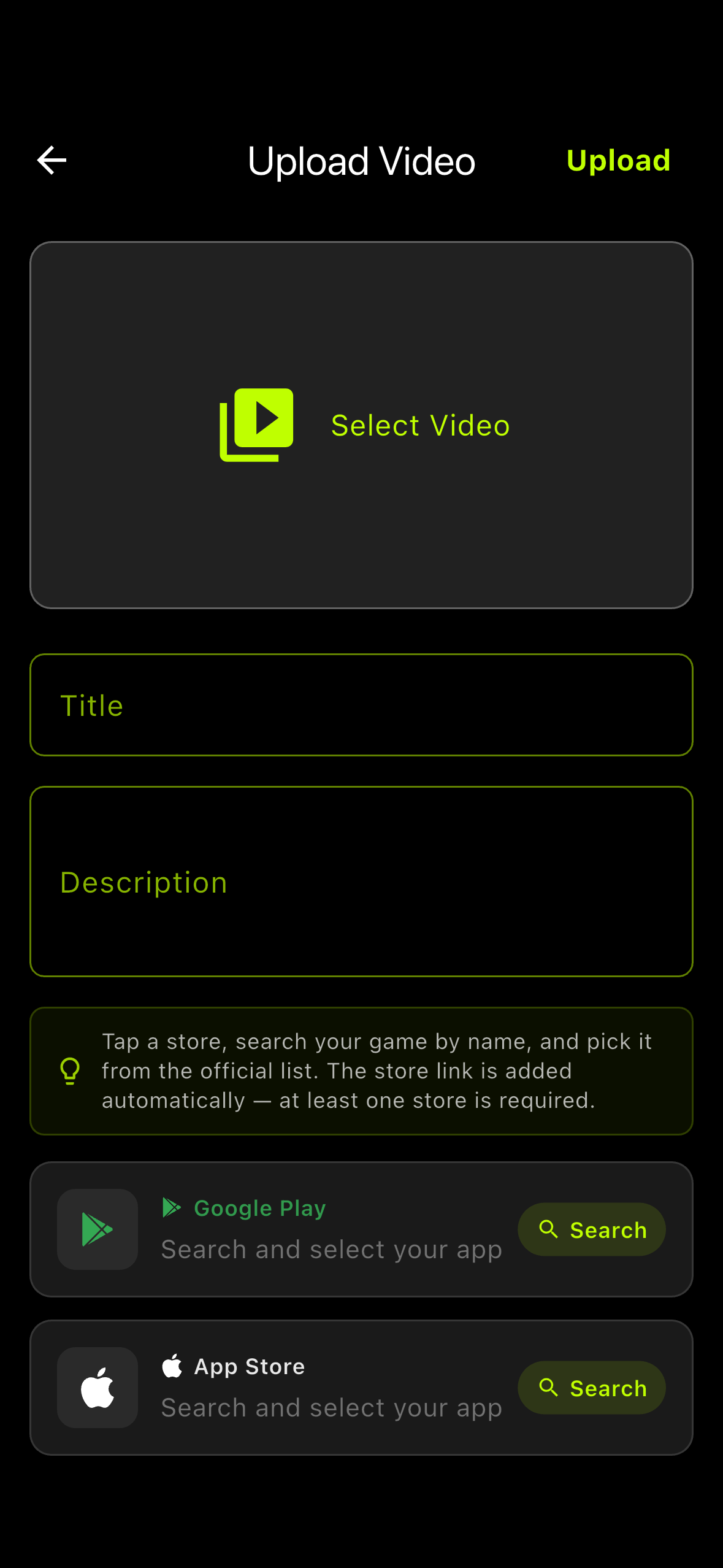 GenPlay app — upload video screen